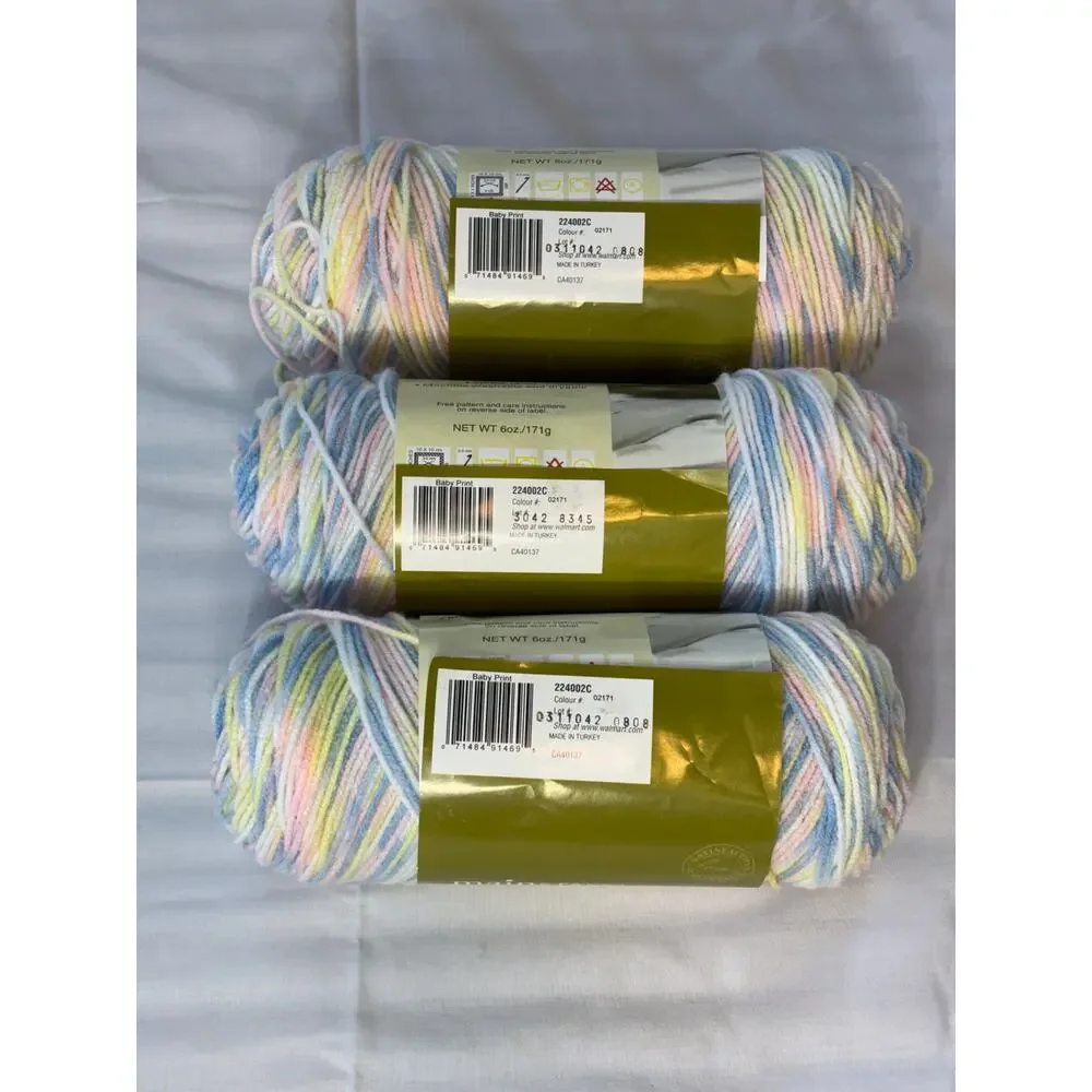 Mainstays Home 4 Ply Worsted Baby Print Yarn Lot 3 Skeins